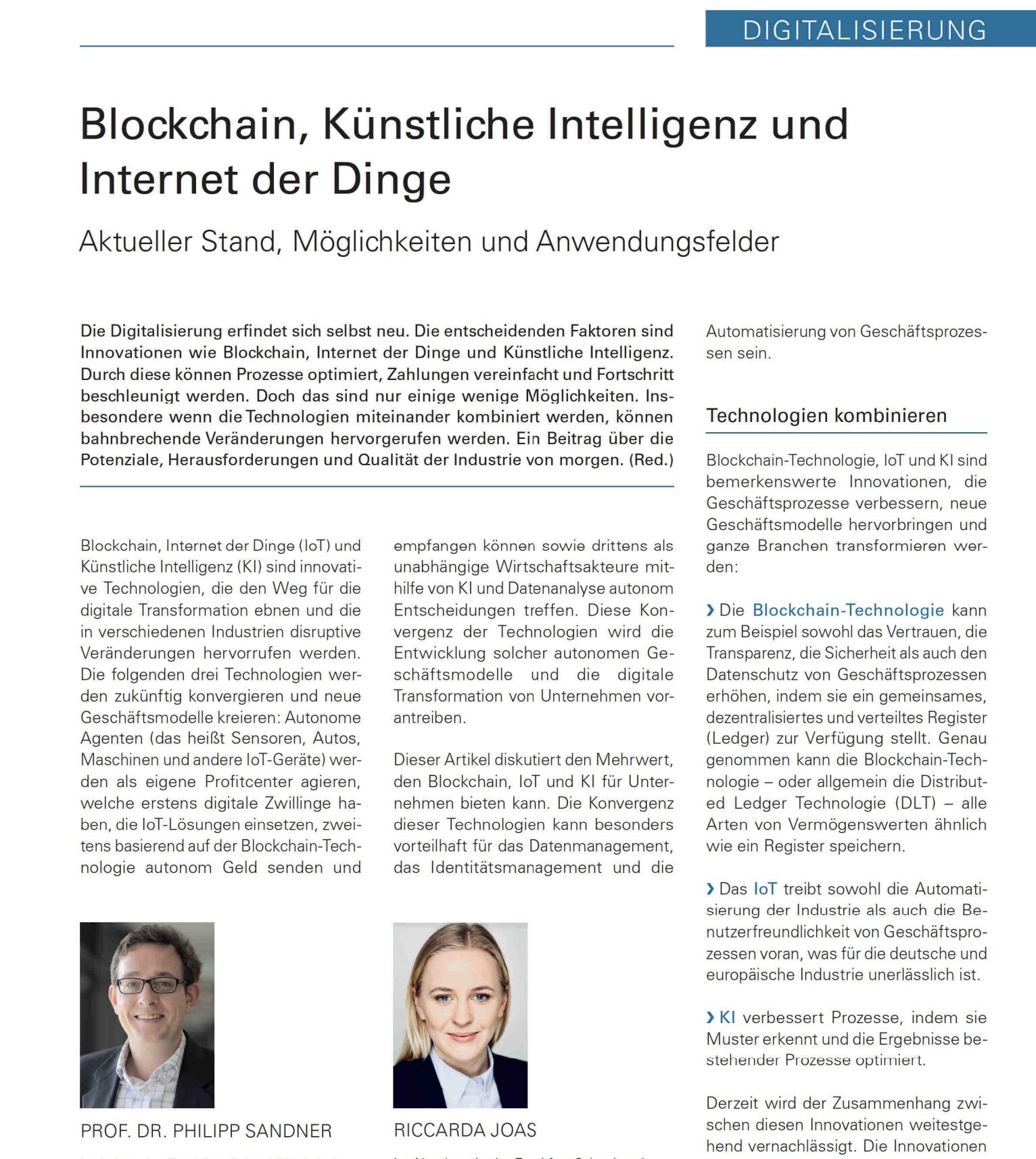 Riccarda Joas co-authors research on blockchain, artificial intelligence and the Internet of Things